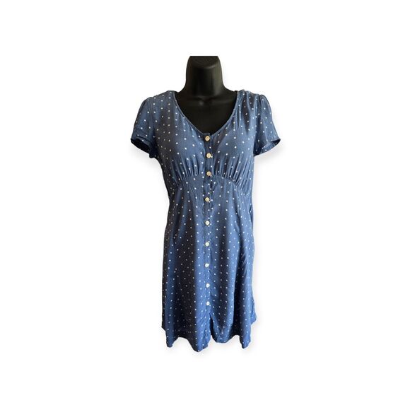 Gap Teen 14 - 16 Blue White Polka Dot Mini Dress V-Neck Short Sleeve Button Up - Picture 1 of 7